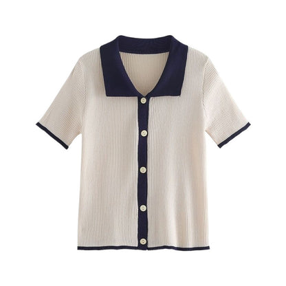Black ice silk knit top with contrast collar, elegant design by Alabaster, available in sizes S, M, L