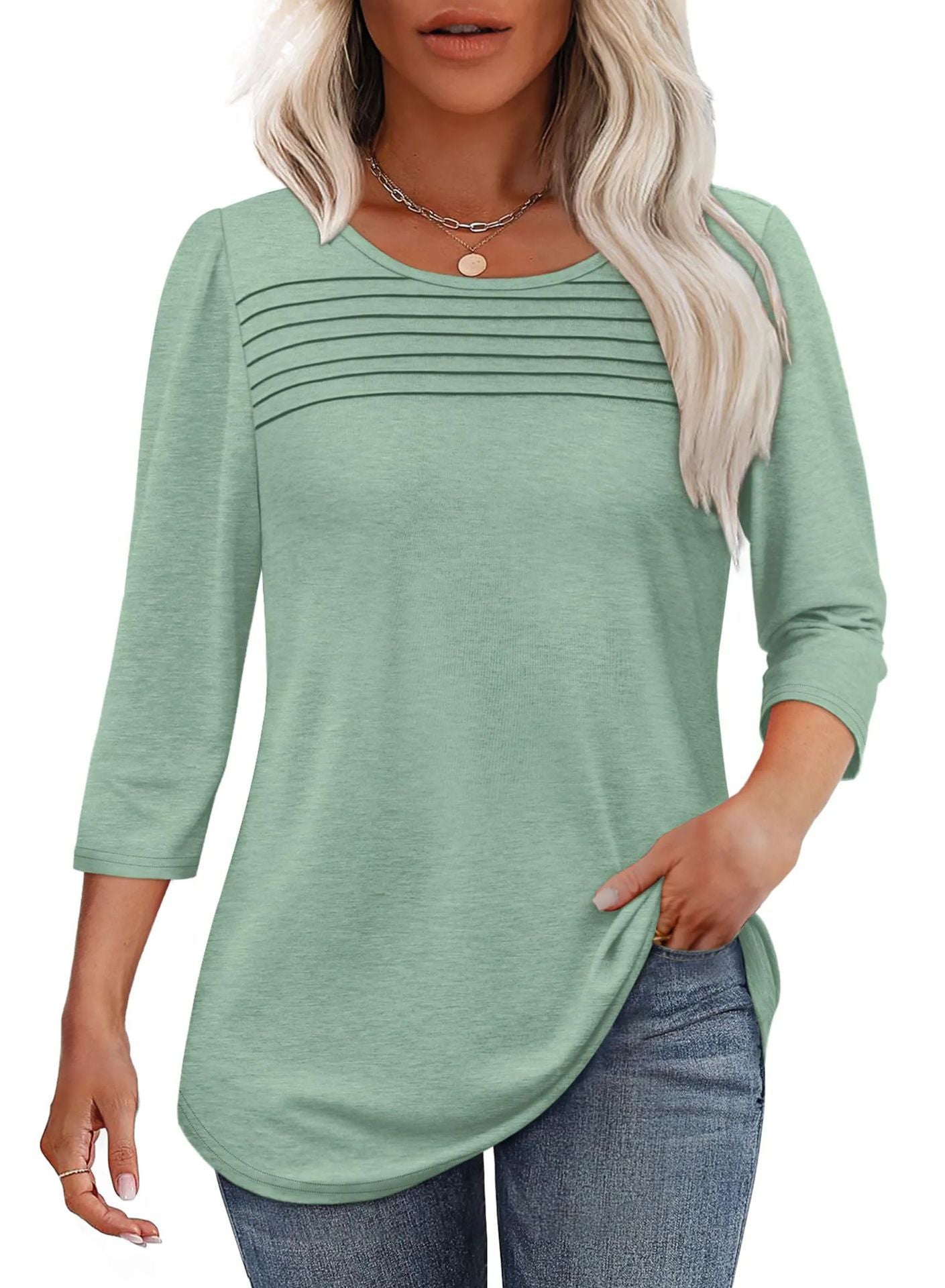 Sky blue soft pleated 3/4 sleeve top, round neck, polyester blend by Alabaster