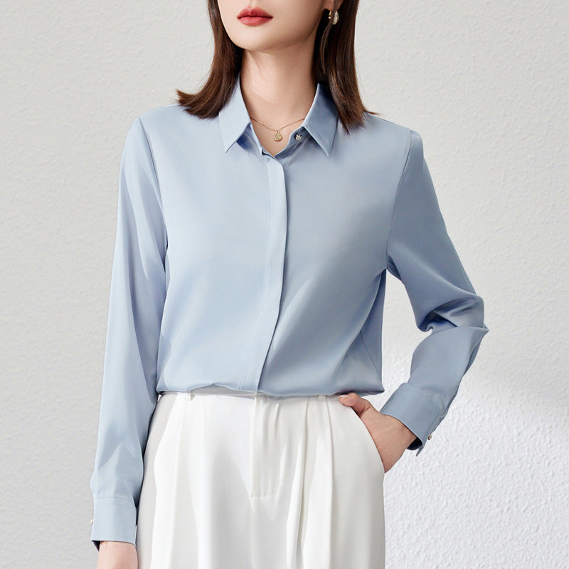 White satin button-down blouse for women by Alabaster, featuring a professional office style.