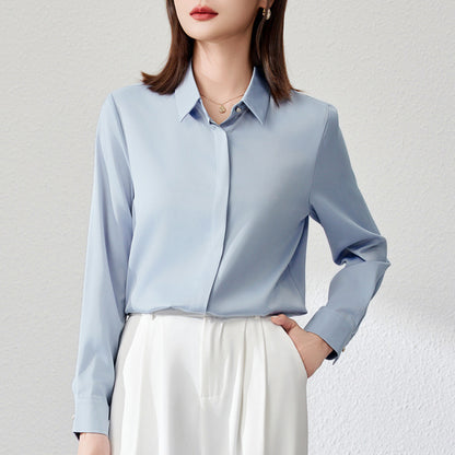 White satin button-down blouse for women by Alabaster, featuring a professional office style.