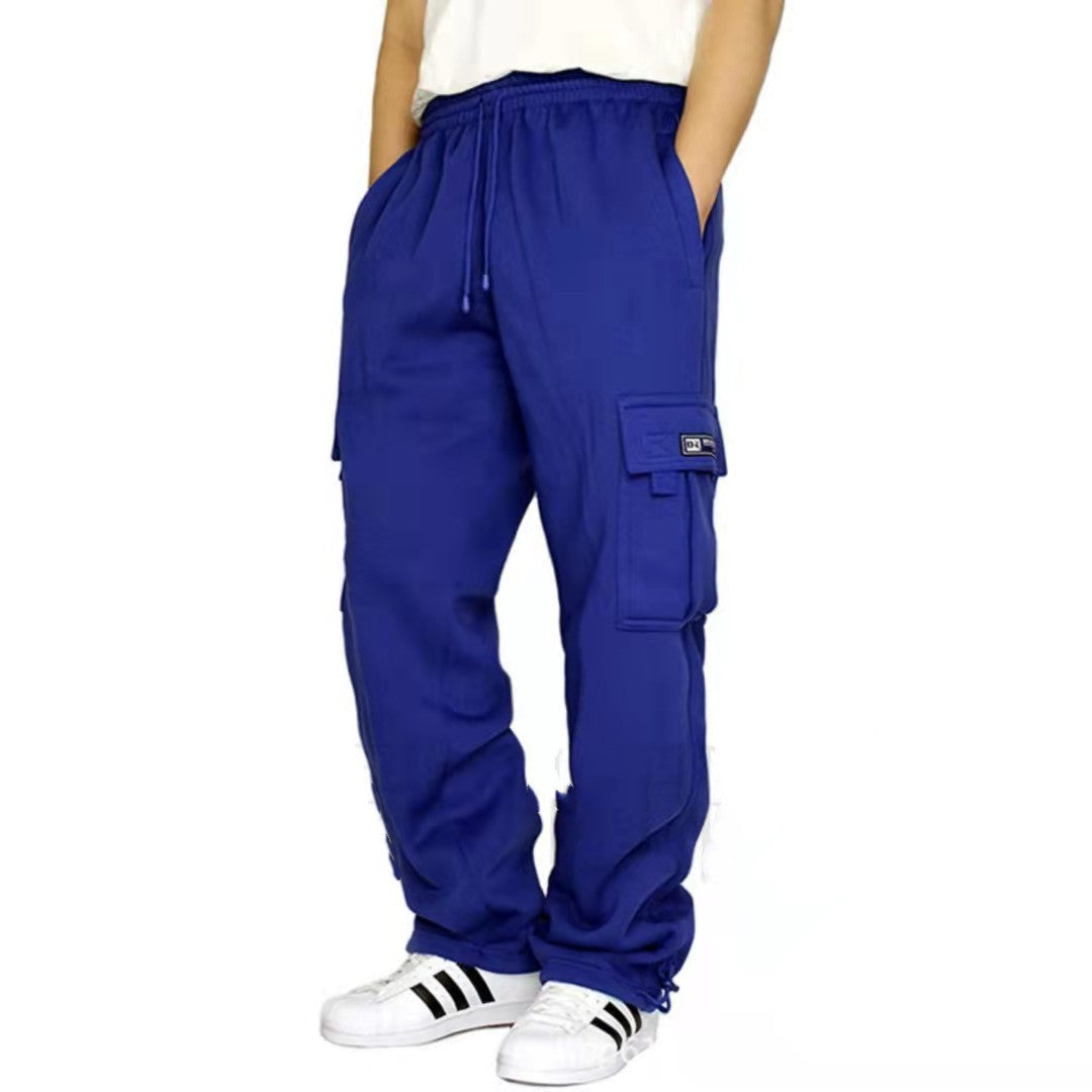 Red elastic waist cargo joggers by My Store, featuring breathable fabric and casual style.