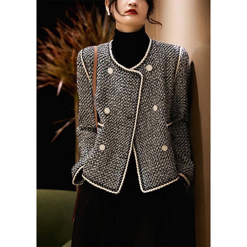 Alabaster black and white tweed double-breasted short coat, cropped style for autumn layering