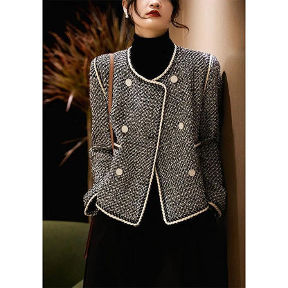 Alabaster black and white tweed double-breasted short coat, cropped style for autumn layering