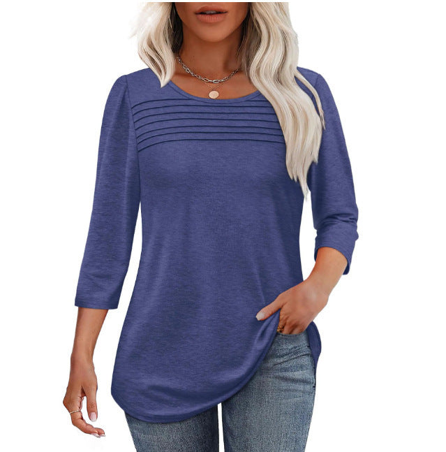 Soft Pleated 3/4 Sleeve Top - Polyester Blend Round Neck Pullover