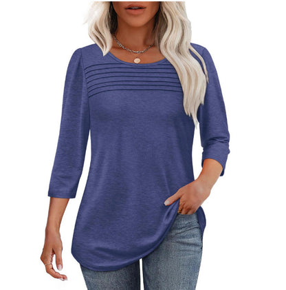 Soft Pleated 3/4 Sleeve Top - Polyester Blend Round Neck Pullover