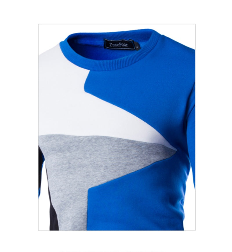 Men's blue cotton colorblock sweatshirt featuring geometric patchwork design by My Store.