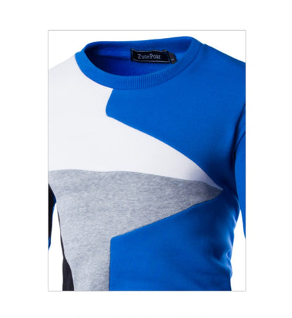 Men's blue cotton colorblock sweatshirt featuring geometric patchwork design by My Store.