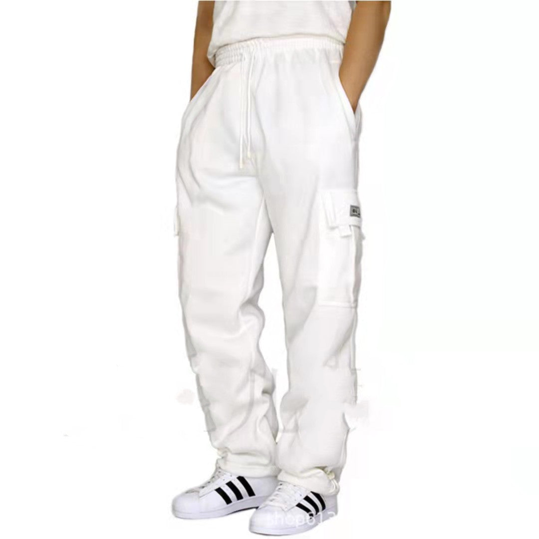 Red elastic waist cargo joggers by My Store, featuring breathable fabric and a casual athletic style.