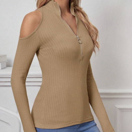 Brow polyester cold shoulder zip collar top in slim fit by Alabaster, perfect for casual autumn fashion.