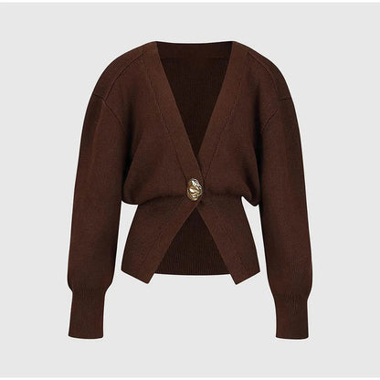 Brown polyester knit deep V button cardigan by Alabaster, featuring a stylish button closure.
