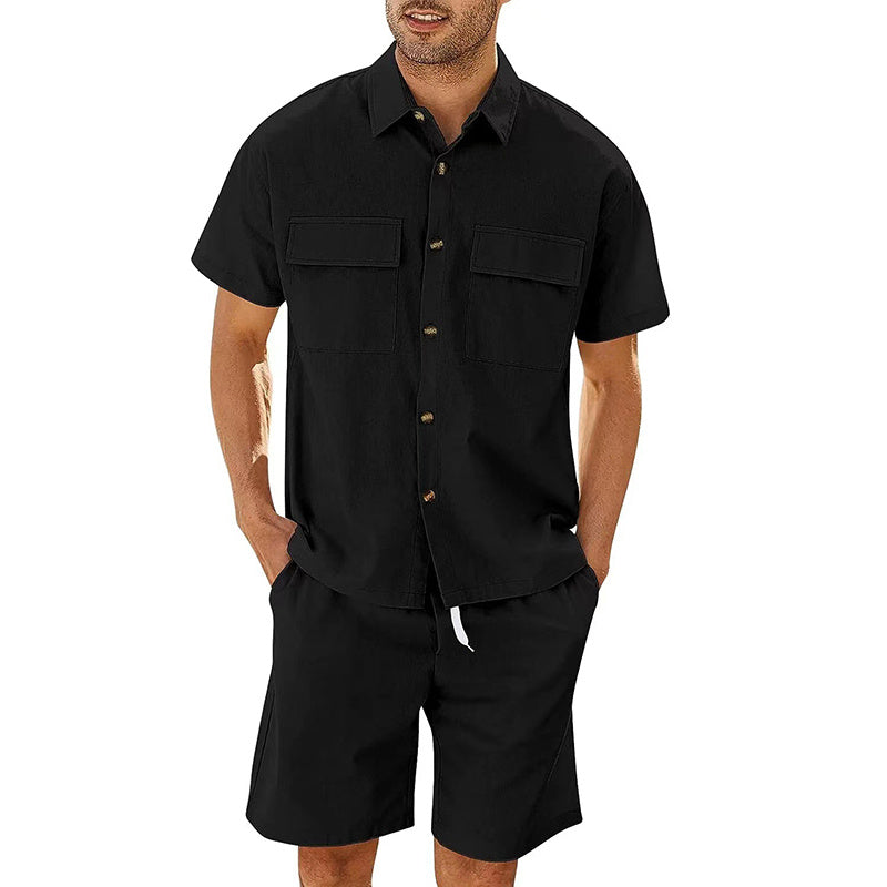 Summer Two-Piece Suit for Men – Short Sleeve Shirt & Drawstring Shorts
