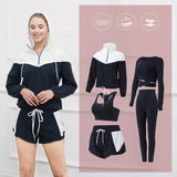 Alabaster women's 5-piece black quick-dry yoga and fitness suit with breathable fabric and athletic jacket