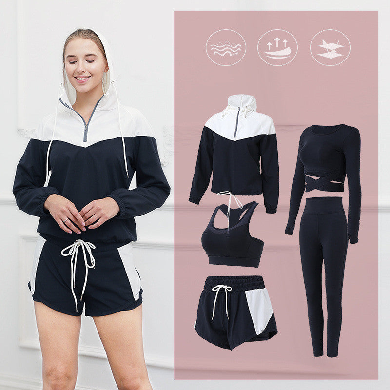 Alabaster women's 5-piece black quick-dry yoga and fitness suit with breathable fabric and athletic jacket