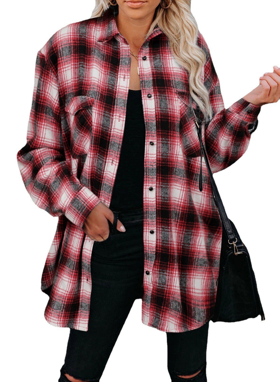 Alabaster plaid mid-length shirt jacket in black, perfect for casual fall layering.