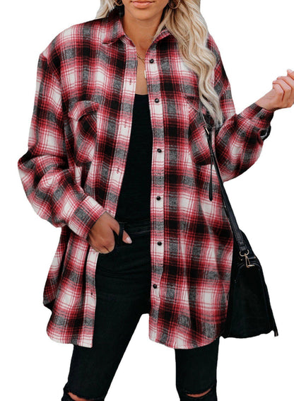Alabaster plaid mid-length shirt jacket in black, perfect for casual fall layering.