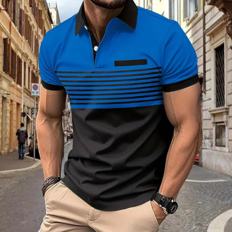 Men's Striped Polo Shirt with Chest Pocket - Cotton Blend