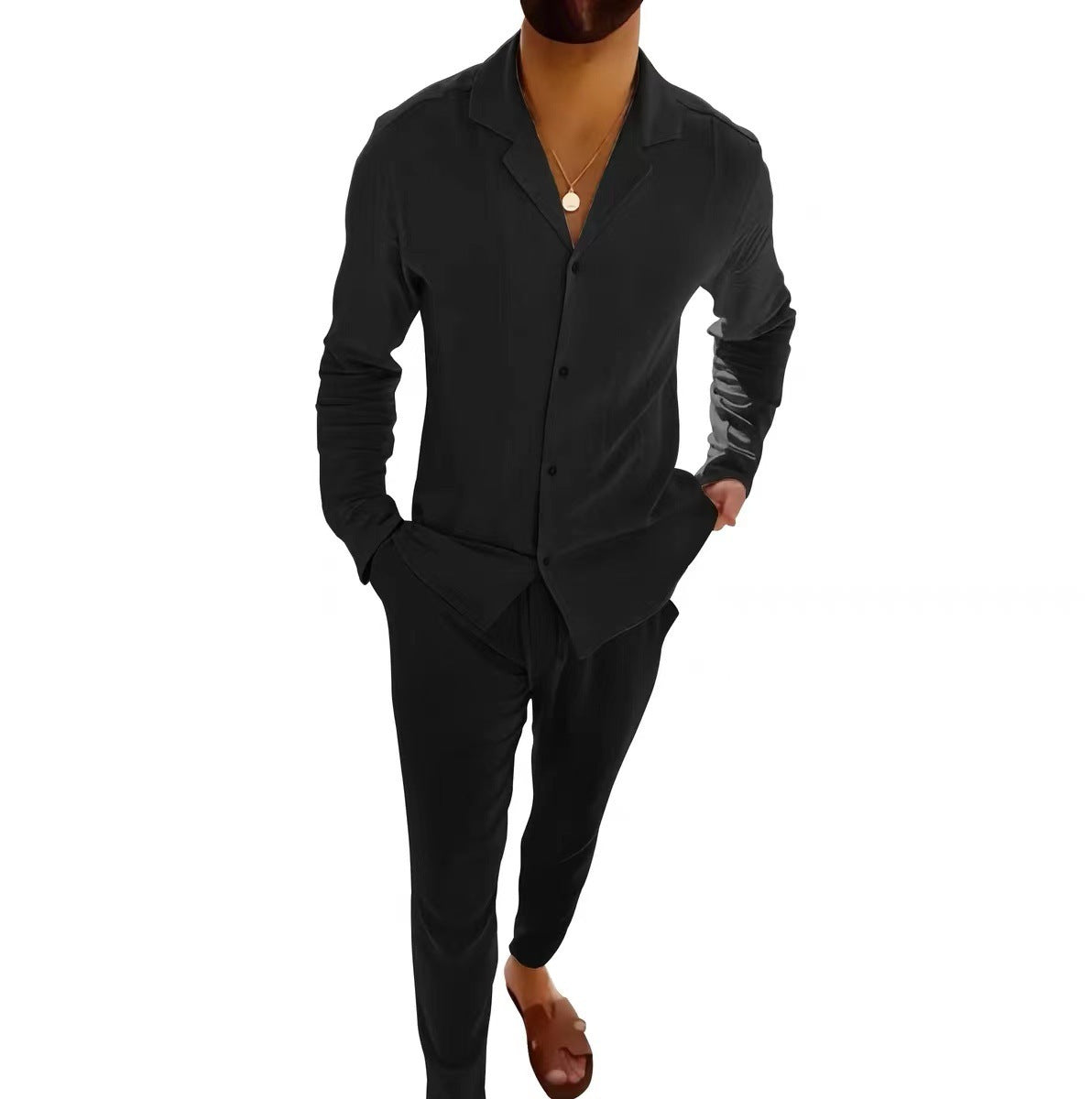 Beige cotton long sleeve lapel shirt paired with slim fit pants, ideal for autumn business casual wear by My Store