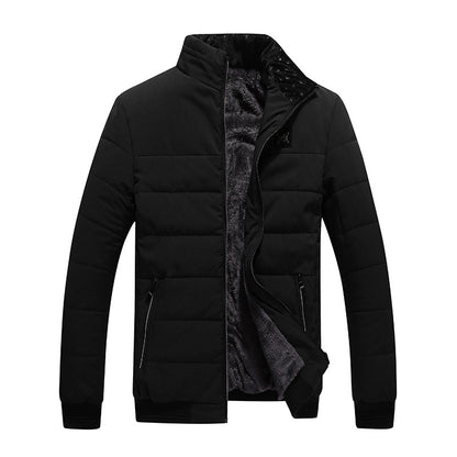 Black fleece-lined puffer jacket for men, casual cardigan style, suitable for cold weather, by My Store