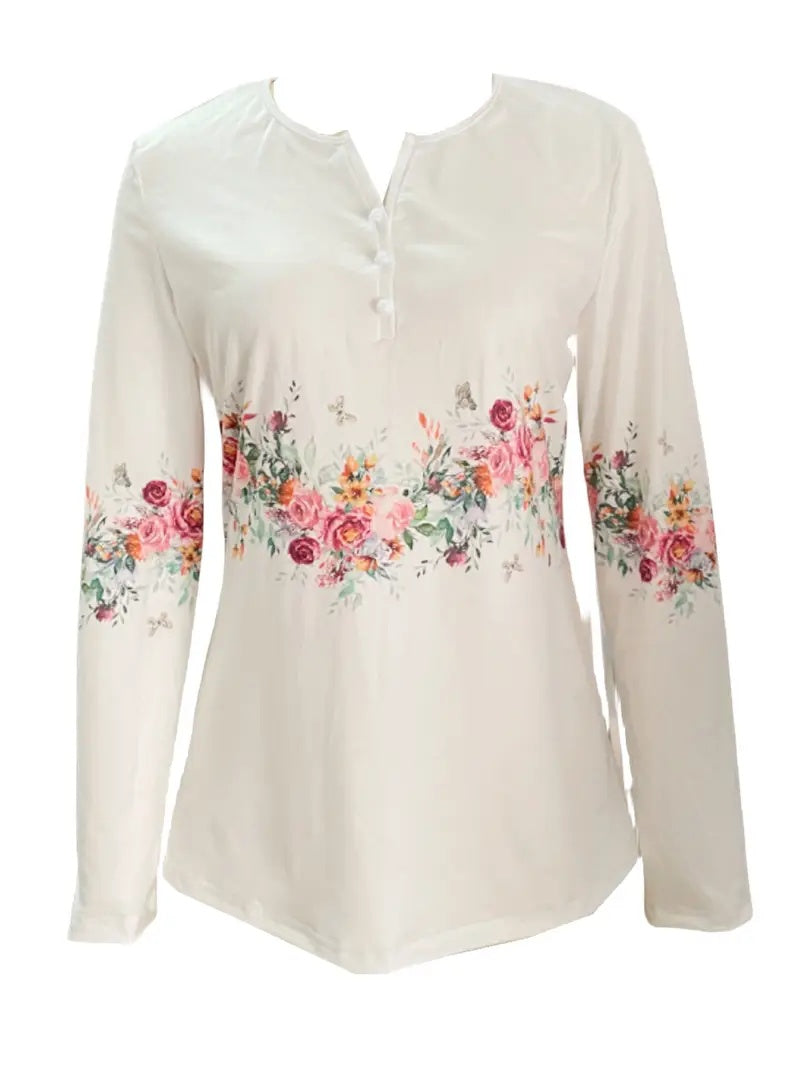 White Rose Print Long Sleeve Tee - Button Detail Floral Top