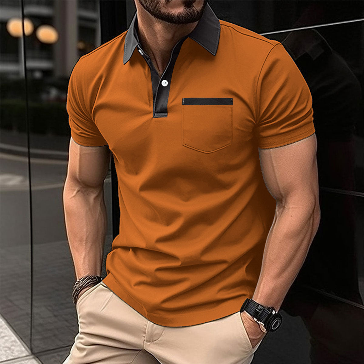 Yellow slim fit cotton blend polo shirt with lapel collar and chest pocket by My Store