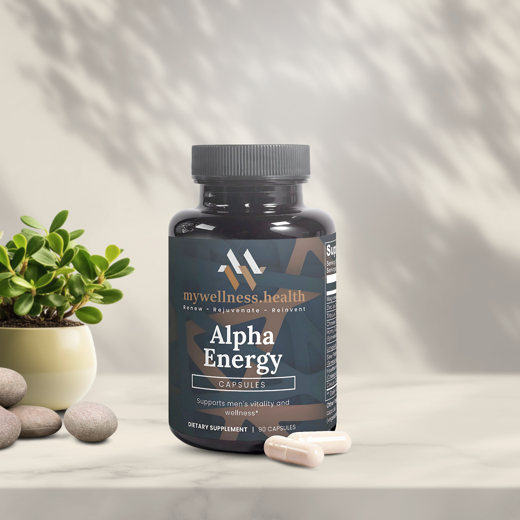 Green plant-based capsules of Alpha Energy Natural Supplement by mywellness.health for energy support
