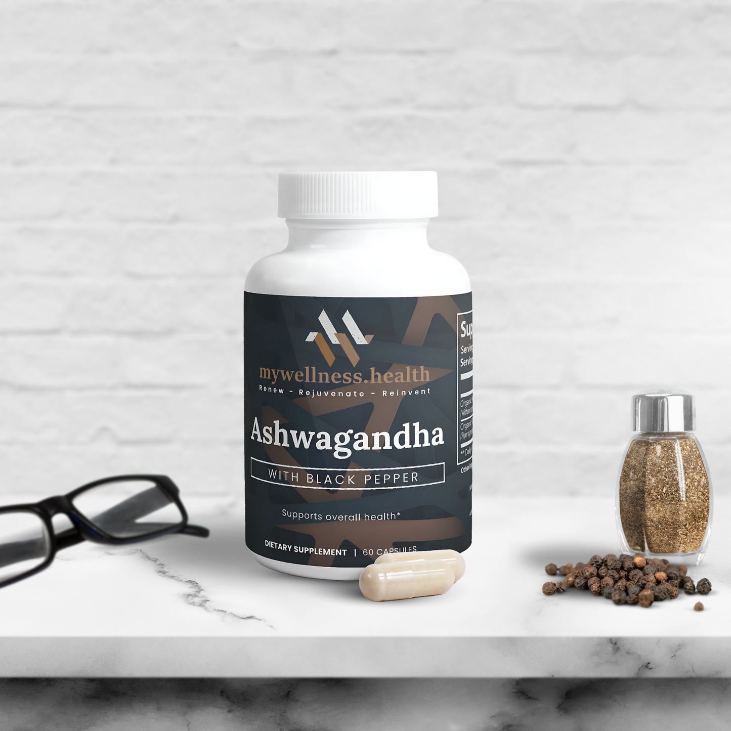 Green bottle of mywellness.health Organic Ashwagandha Root Capsules for natural stress support