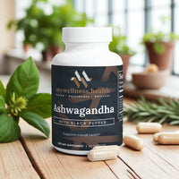 Green bottle of mywellness.health Organic Ashwagandha Root Capsules with vegan-friendly label