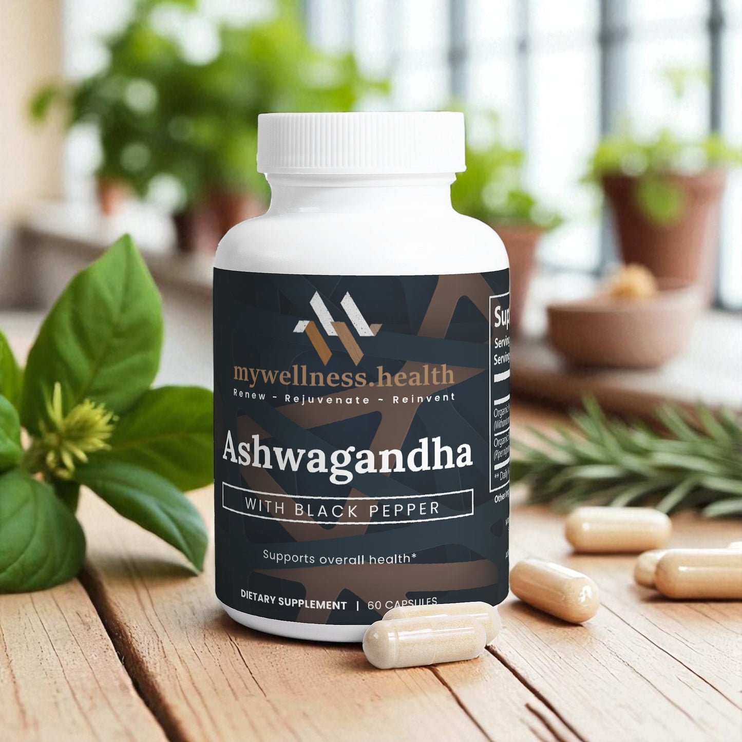 Green bottle of mywellness.health Organic Ashwagandha Root Capsules with vegan-friendly label