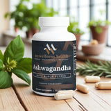 Green bottle of mywellness.health Organic Ashwagandha Root Capsules with vegan-friendly label