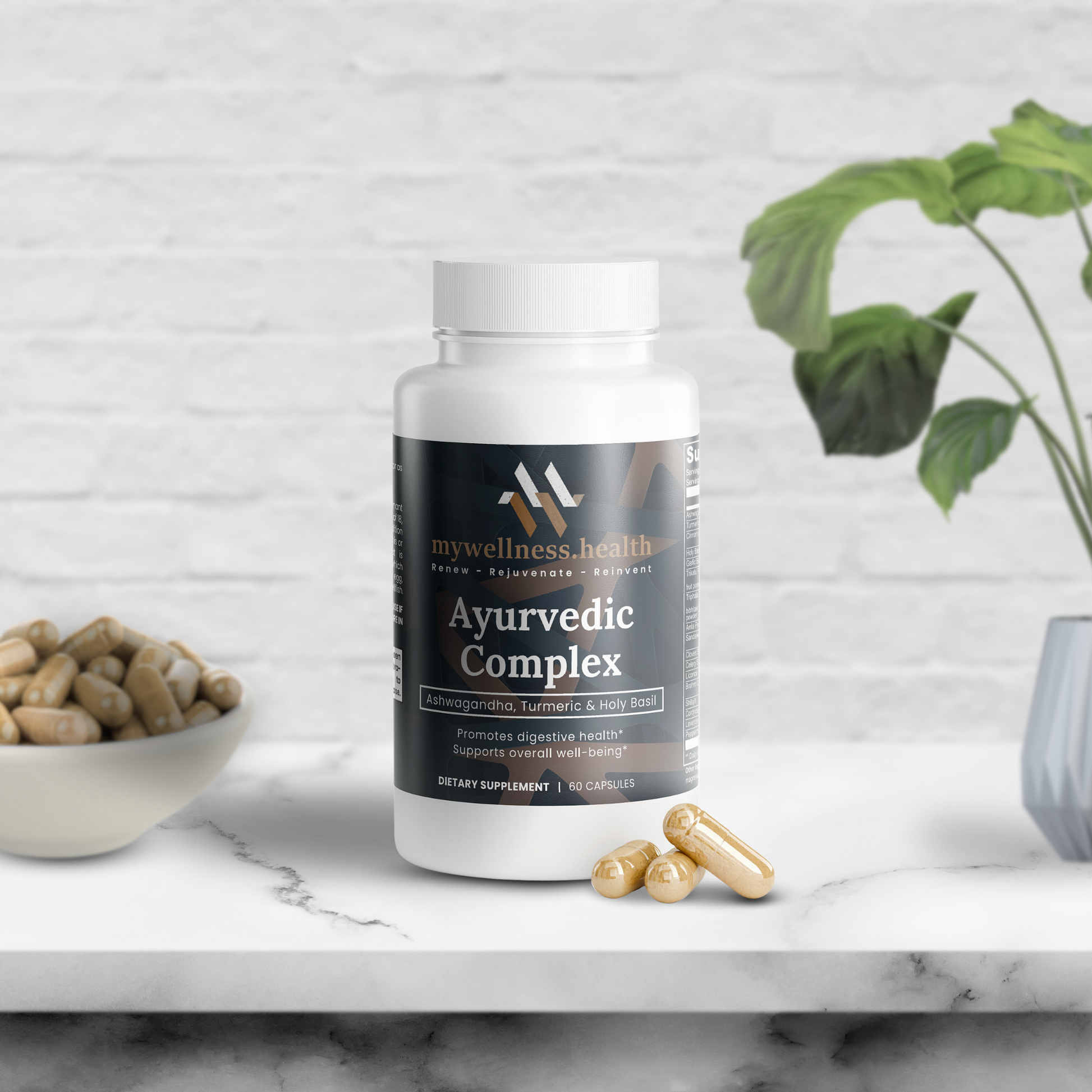 Green bottle of mywellness.health Ayurvedic Complex Supplement with ashwagandha, turmeric, and holy basil