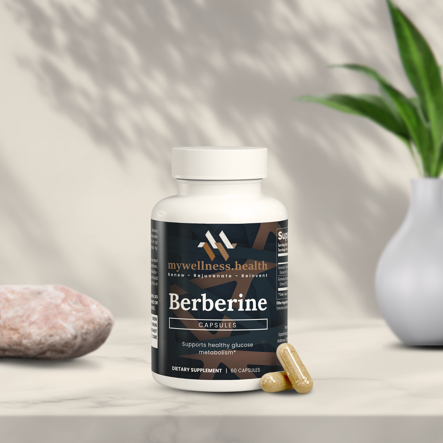 Green and white bottle of mywellness.health Berberine Supplement 97% Extract for blood sugar support