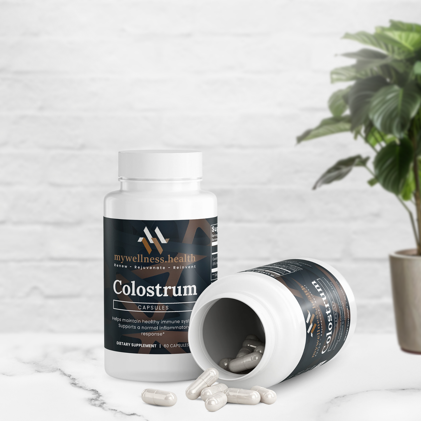 Natural colostrum capsules 500mg in a clear bottle, labeled for immune support by mywellness.health.