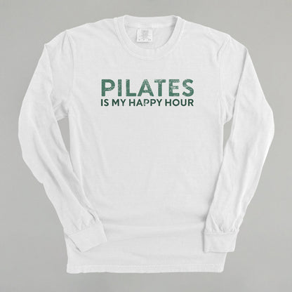 Bay Comfort Colors tee from Ivy + Cloth with 'Pilates Is My Happy Hour' graphic, available in sizes S, M, L.