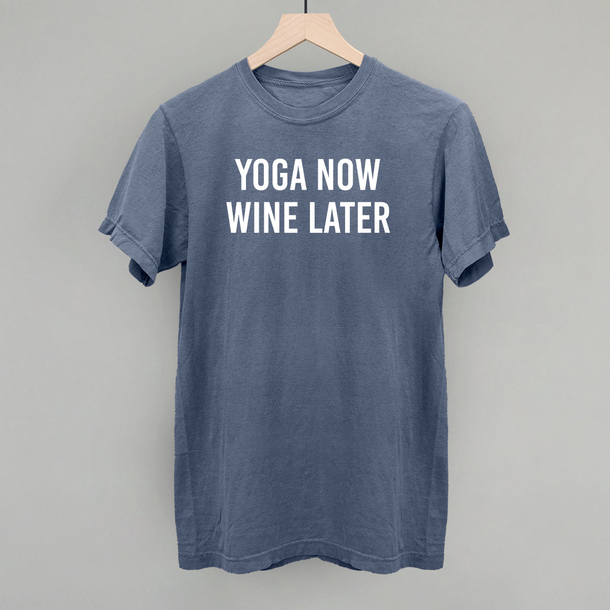 Heather sage tee from Ivy + Cloth featuring "Yoga Now Wine Later" saying, perfect for cozy wear and gifts.