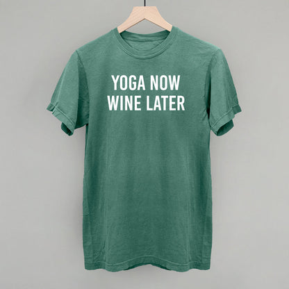 Heather sage tee from Ivy + Cloth featuring "Yoga Now Wine Later" saying, perfect for cozy wear and gifts for her.