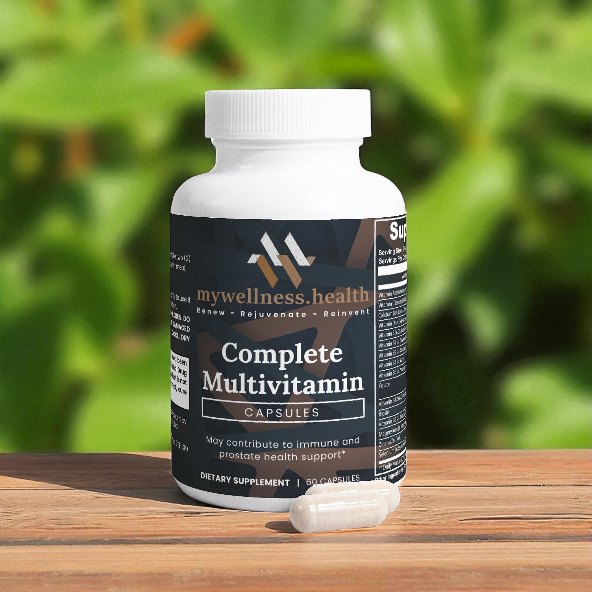 White bottle of mywellness.health Complete Daily Multivitamin, plant-based, allergen-free formula with B-complex vitamins