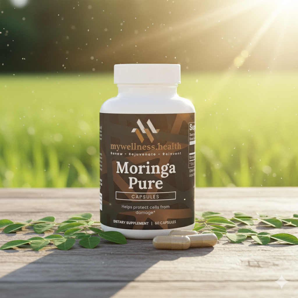 Green Moringa Pure Organic Leaf Capsules in a clear bottle labeled mywellness.health
