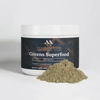 Greens Superfood Powder blend featuring spirulina, barley grass, and beet root by mywellness.health in a green pouch