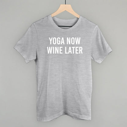 Heather sage tee from Ivy + Cloth featuring "Yoga Now Wine Later" saying, perfect for cozy wear and gifts.