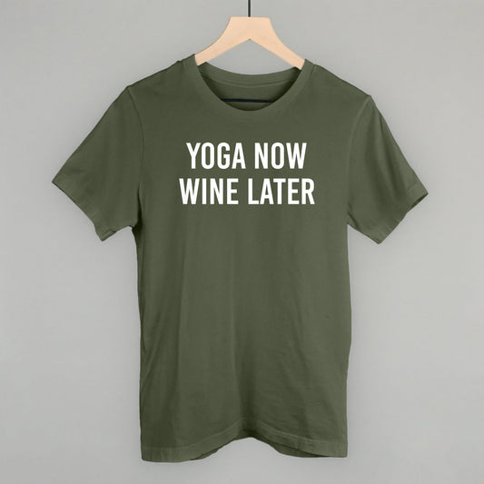 Heather sage tee from Ivy + Cloth featuring "Yoga Now Wine Later" saying, perfect for cozy wear and gifts.
