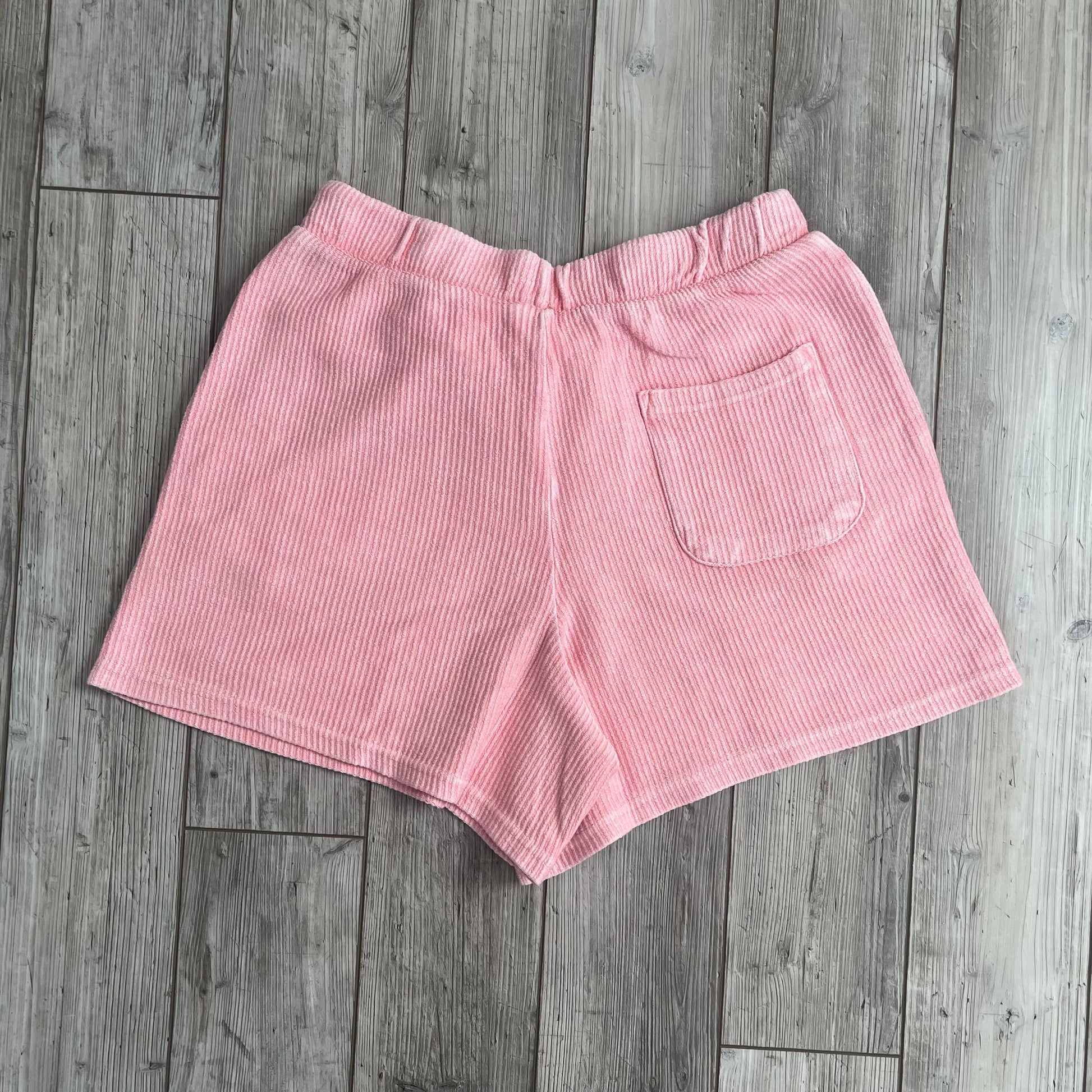 Blossom pink corded shorts by Ivy + Cloth, featuring a breezy and comfortable design, available in sizes S, M, L.