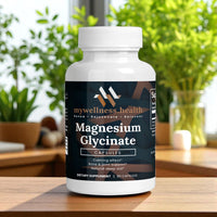 Pure Magnesium Glycinate 2500mg capsules in a white bottle for high absorption sleep support by mywellness.health