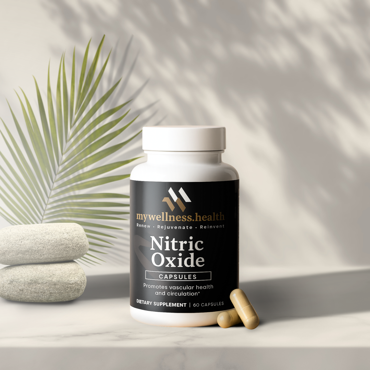 White container of mywellness.health Nitric Oxide Supplement with L-Arginine & L-Citrulline for blood flow support