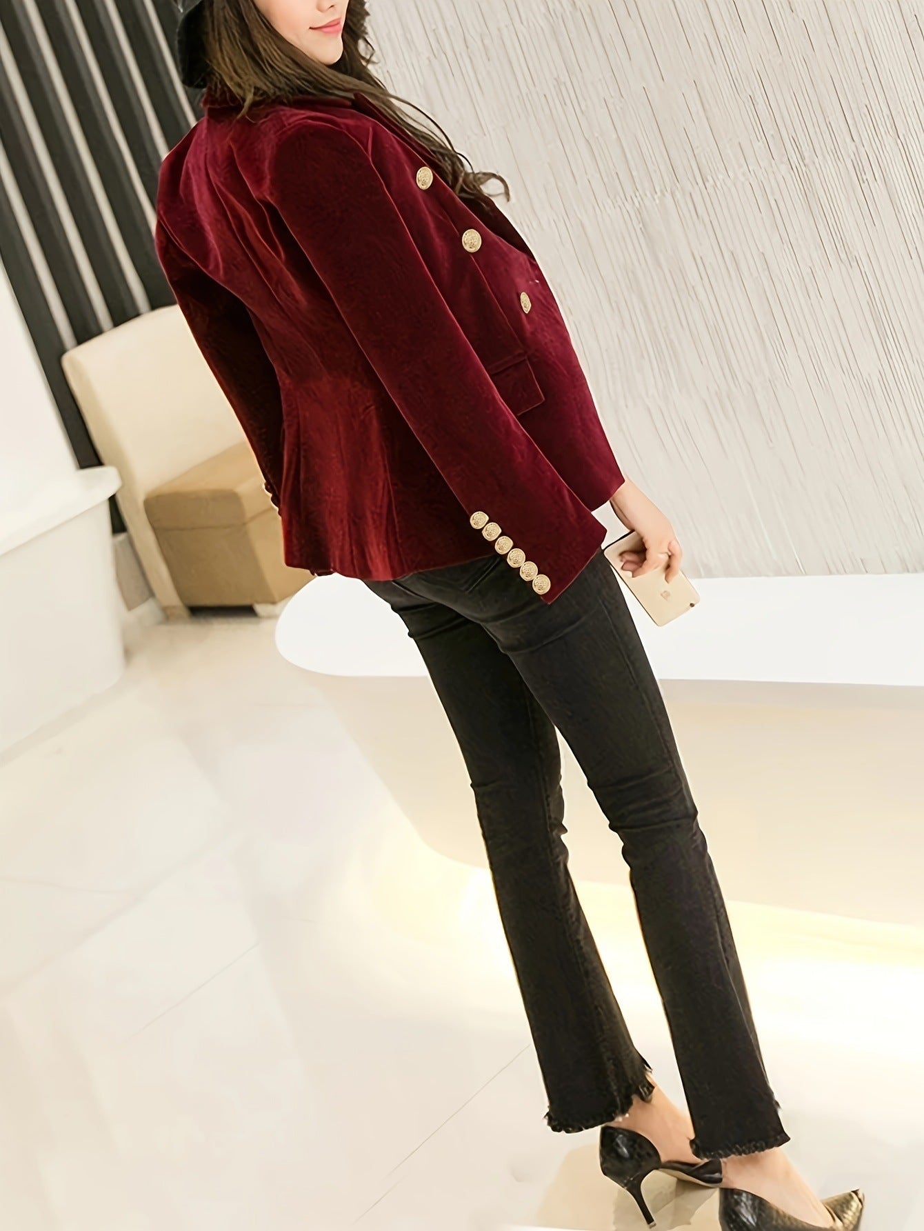 Dark red striped linen coat by Alabaster, featuring a relaxed fit and breathable fabric, ideal for layering.