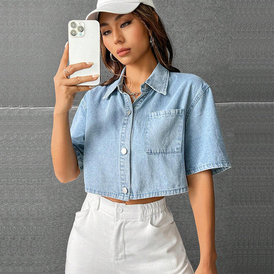 Cropped Light Blue Denim Shirt - Lightweight Cotton Button Up