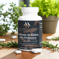 Probiotic 40 Billion capsules with prebiotics in a white bottle, designed to boost digestive health by mywellness.health.
