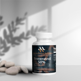Clear capsule bottle of mywellness.health Trans-Resveratrol 50% antioxidant supplement