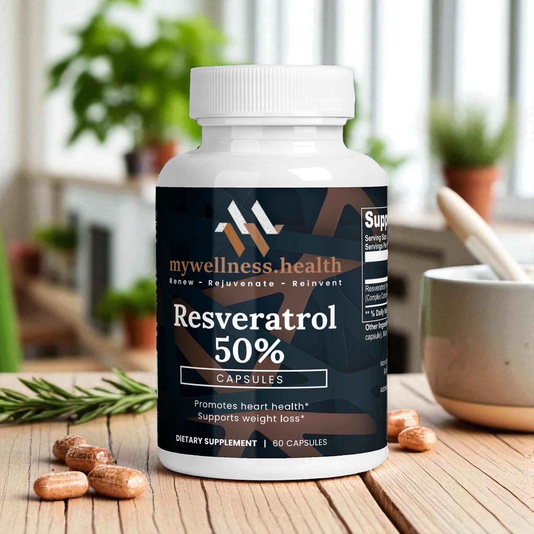 50% Resveratrol antioxidant supplement bottle by mywellness.health, allergen-free and designed for anti-aging.