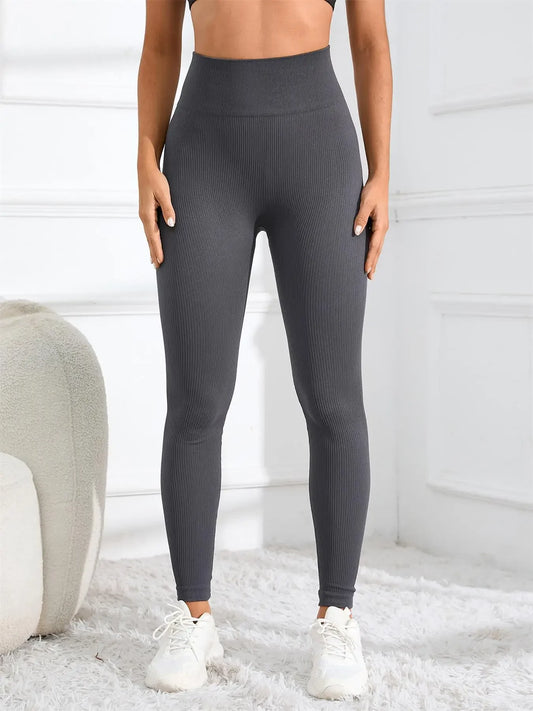 High Waisted Seamless Ribbed Yoga Leggings for Gym and Casual Wear