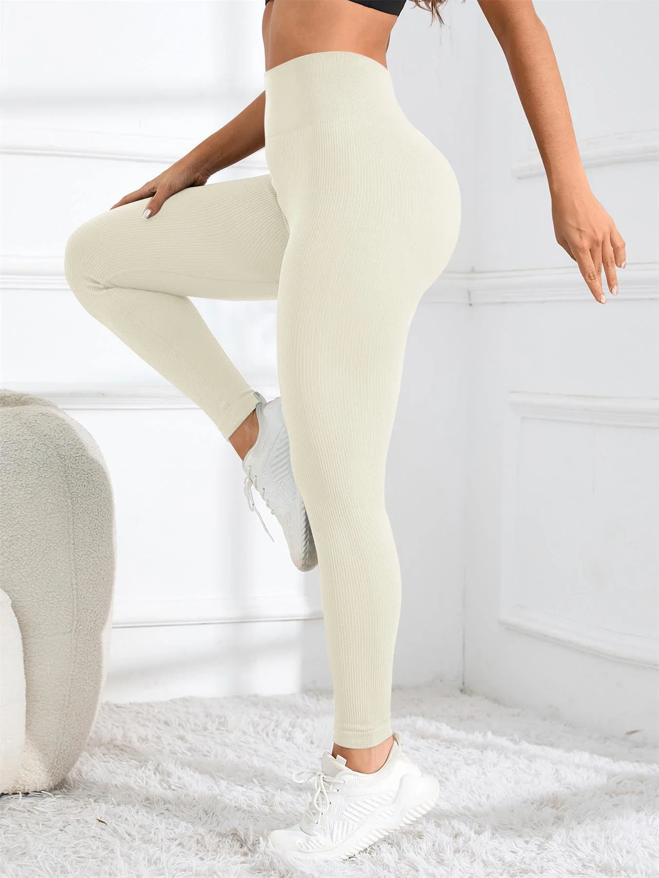 High Waisted Seamless Ribbed Yoga Leggings for Gym and Casual Wear